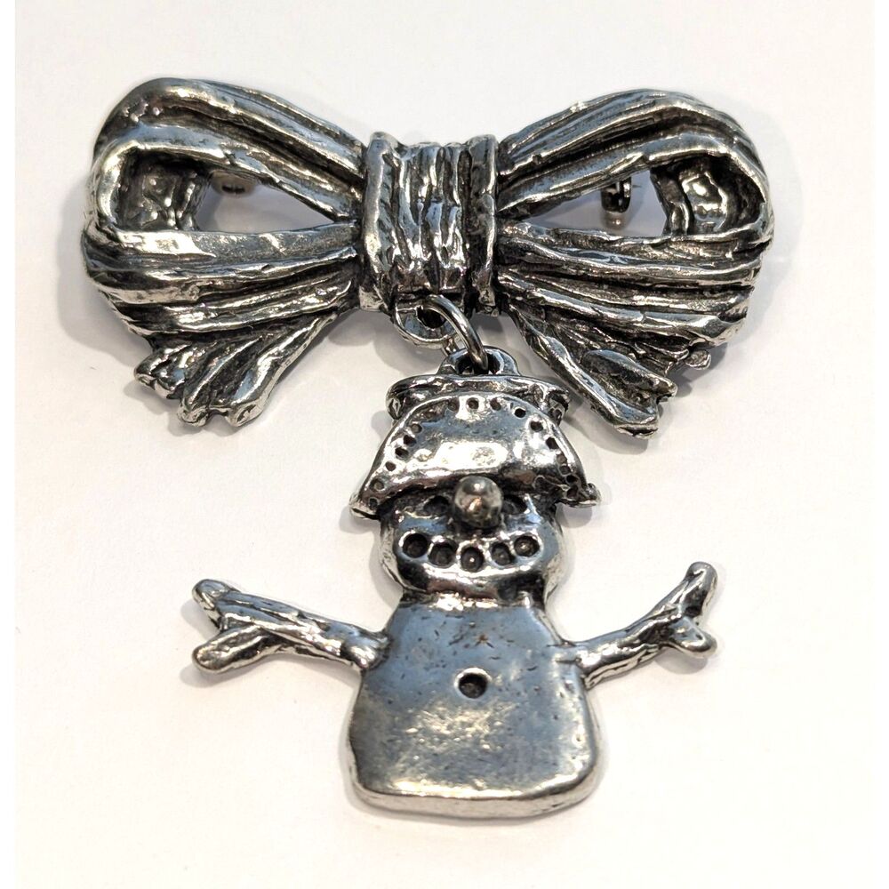 Bow with Snowman Brooch Silver Tone Signed Sheridan